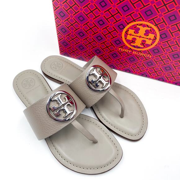 Tory Burch Benton Band Flat Sandals Gray Leather Thong Slide Silver Logo Sz 6.5 - Picture 1 of 10